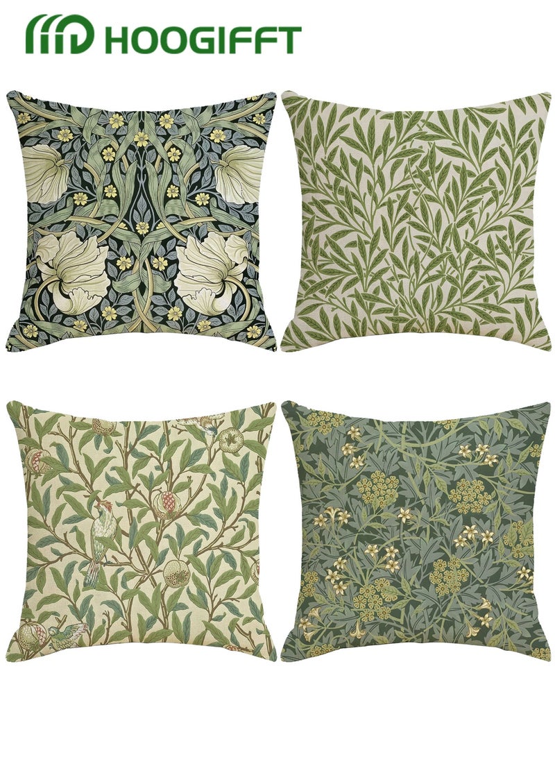 هوغيفت طقم 4 أغطية وسائد 45×45 سم (18×18 إنش)، نقش مزدوج الوجه، قماش قطيفة قصيرة، سحاب مخفي، طبعات نباتية وهندسية باللون الأخضر الزيتوني للأريكة والسرير – أغطية فقط - Image 1