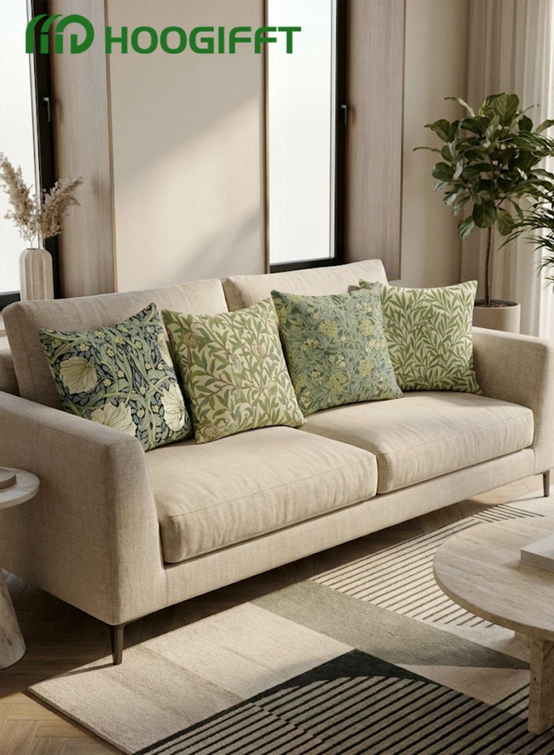 هوغيفت طقم 4 أغطية وسائد 45×45 سم (18×18 إنش)، نقش مزدوج الوجه، قماش قطيفة قصيرة، سحاب مخفي، طبعات نباتية وهندسية باللون الأخضر الزيتوني للأريكة والسرير – أغطية فقط - Image 2