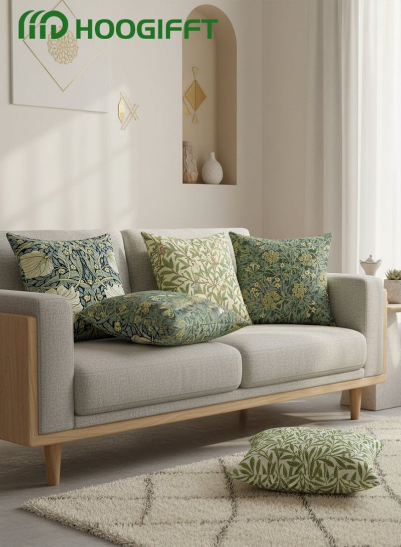 هوغيفت طقم 4 أغطية وسائد 45×45 سم (18×18 إنش)، نقش مزدوج الوجه، قماش قطيفة قصيرة، سحاب مخفي، طبعات نباتية وهندسية باللون الأخضر الزيتوني للأريكة والسرير – أغطية فقط - Image 5