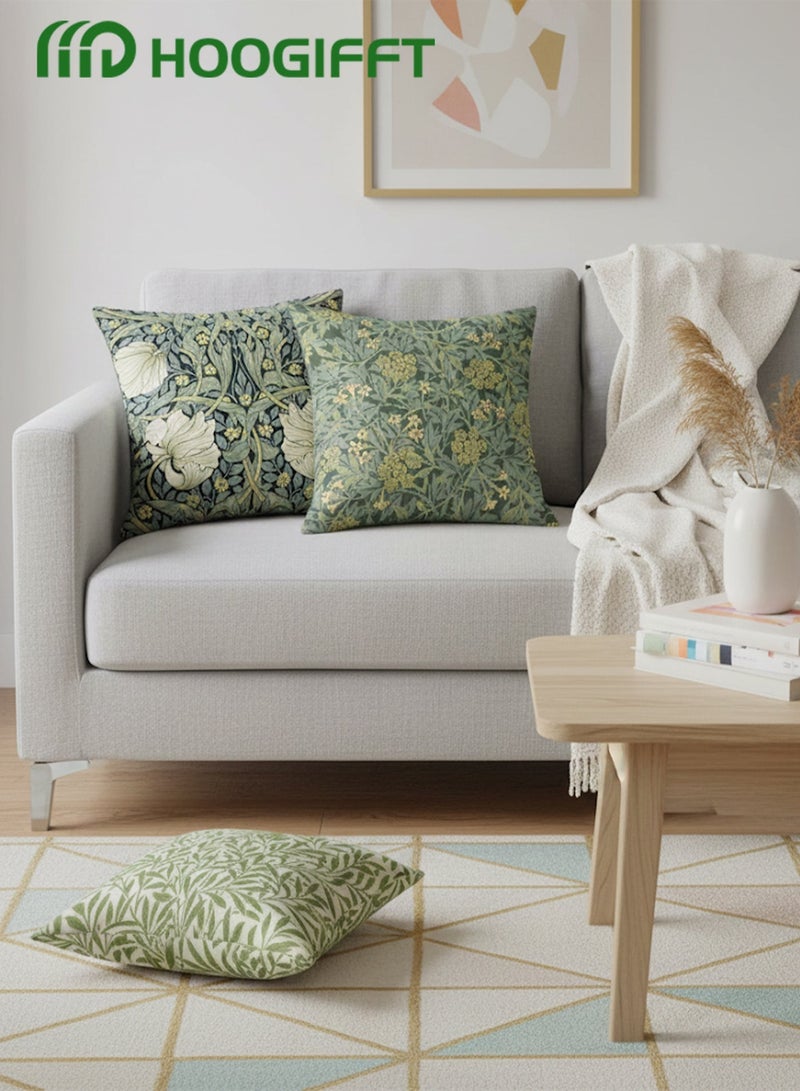 هوغيفت طقم 4 أغطية وسائد 45×45 سم (18×18 إنش)، نقش مزدوج الوجه، قماش قطيفة قصيرة، سحاب مخفي، طبعات نباتية وهندسية باللون الأخضر الزيتوني للأريكة والسرير – أغطية فقط - Image 3