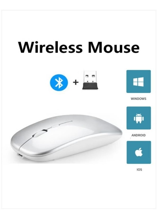 Wireless Bluetooth Mouse, Bluetooth 5.1 + USB, 2.4GHz Rechargeable Silent Bluetooth Wireless Mouse, Computer Mice with USB Receiver(Silver) - Image 1
