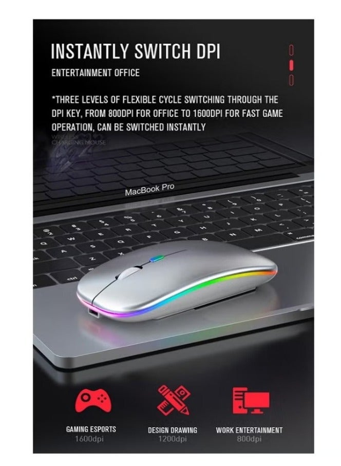 Wireless Bluetooth Mouse, Bluetooth 5.1 + USB, 2.4GHz Rechargeable Silent Bluetooth Wireless Mouse, Computer Mice with USB Receiver(Silver) - Image 3