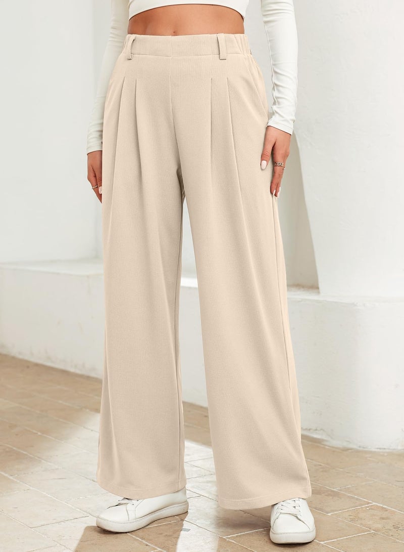 EVALESS Wide Leg Pants for Women High Waisted Flowy Business Casual Dress Pants Womens Elastic Waist Waffle Knit Palazzo Trousers Office Work Slacks Teacher Outfits Beige Medium - Image 3