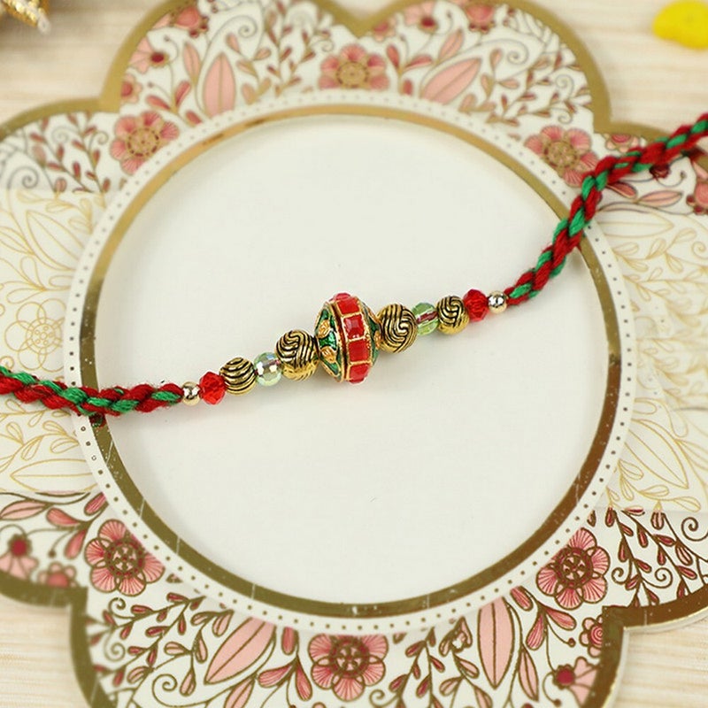 Madhoor Handcrafted Designer Rakhi with Red and Green Color Design, Premium Thread Rakhi for Brother, Festive Raksha Bandhan Rakhi, 20 cm - Image 1