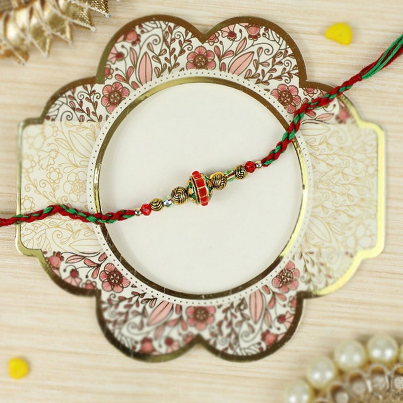 Madhoor Handcrafted Designer Rakhi with Red and Green Color Design, Premium Thread Rakhi for Brother, Festive Raksha Bandhan Rakhi, 20 cm - Image 2