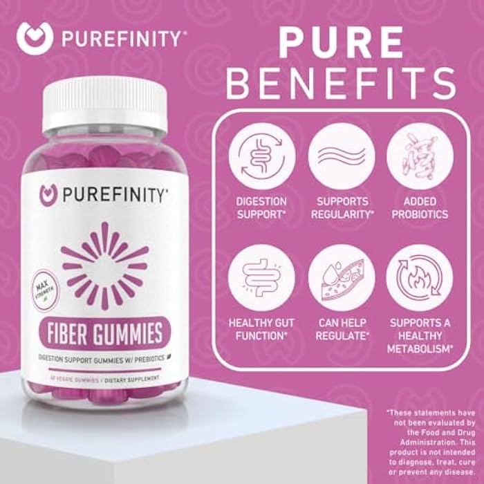 PUREFINITY Fiber Gummies for Adults with Inulin FOS from Chicory Root, Sugar Free Prebiotic Supplement for Daily Digestion & Constipation Support – Non-GMO, Vegan, 60 Count - Image 3