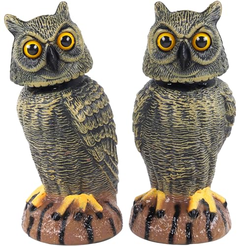 Hausse 2 Pack Bird Scarecrow Fake Owl Decoy Sculpture, 10.6 Inch Height Golden Rotating Head Plastic Owl Bird Deterrents, Nature Enemy Horned Pest Repellent for Outdoor Garden Yard - Image 1