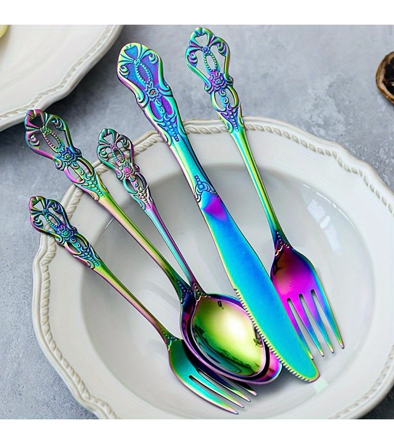 5pcs Rainbow Retro Royal Cutlery Set Food Grade Stainless Steel Flatware for Wedding Kitchen Dishwasher Safe - Image 1