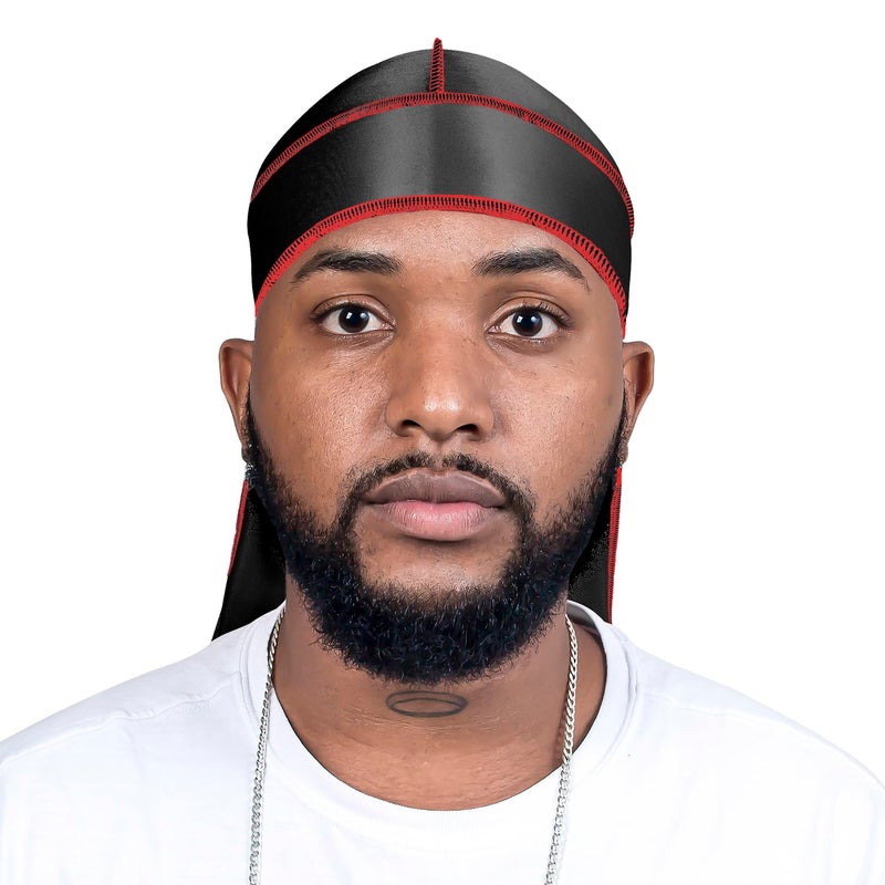 ForceWave Silky Durag for Men Wave Cap Satin Dorag for Men Women 360 Wave (Black with Red Seam) - Image 2
