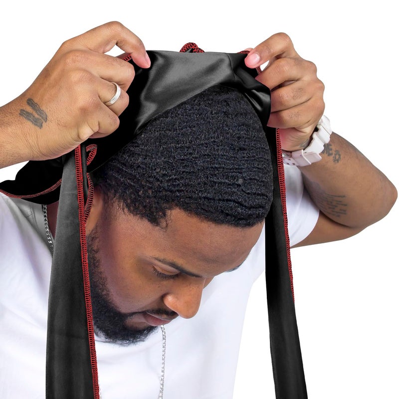 ForceWave Silky Durag for Men Wave Cap Satin Dorag for Men Women 360 Wave (Black with Red Seam) - Image 4