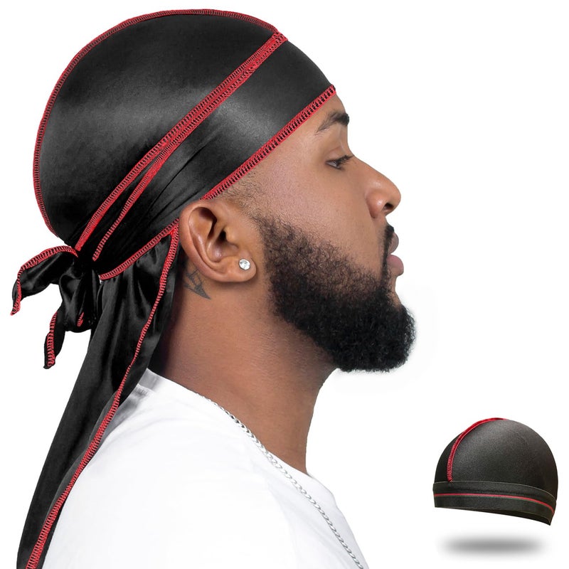ForceWave Silky Durag for Men Wave Cap Satin Dorag for Men Women 360 Wave (Black with Red Seam) - Image 1