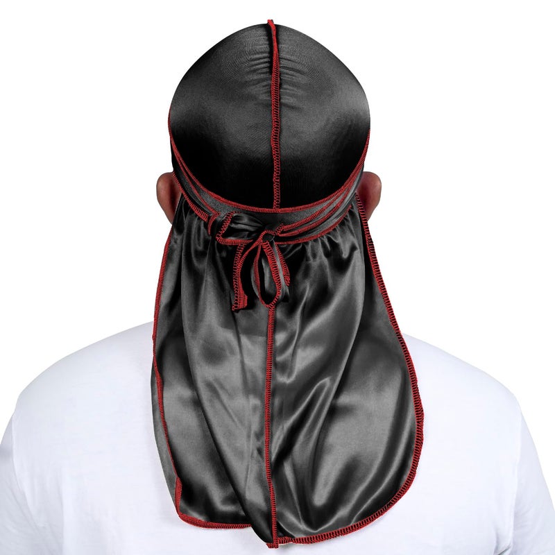 ForceWave Silky Durag for Men Wave Cap Satin Dorag for Men Women 360 Wave (Black with Red Seam) - Image 3