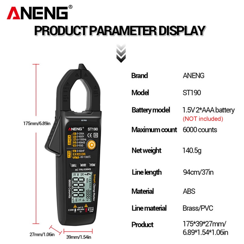 مقياس المباني الذكي ANENG ST190 6000 عداد مقياس رقمي ذاتي النطاق شاشة LCD كاشف جهد التيار المتردد والمباشر التيار المتردد قلم الكشف قياس درجة الحرارة مصباح يدوي LED مقياس الجهد متعدد الوظائف اختبار الاستمرارية والمقاومة والتردد مع جرس التنبيه - Image 2