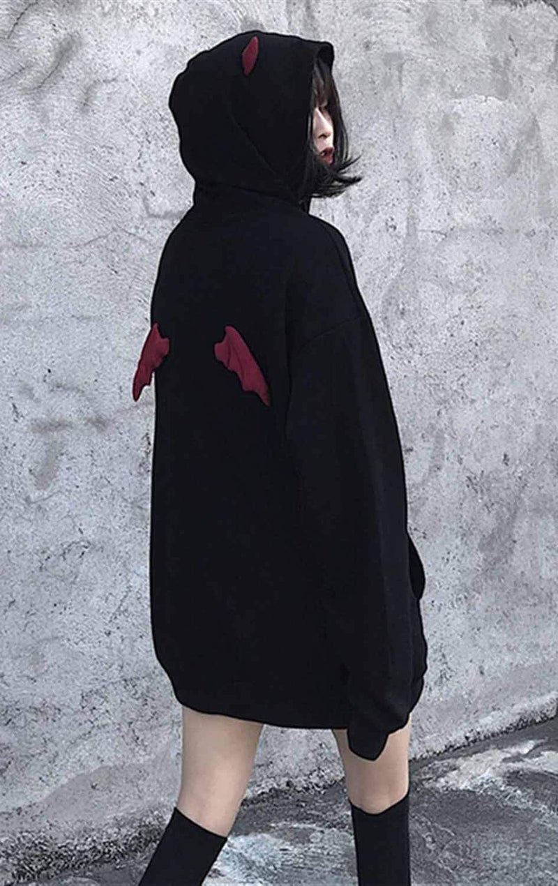 kydely Womens Devil Wings Red Horn Sweatshirt Long Sleeve Hoodie Pullover Hooded Tops, Black, Small - Image 5