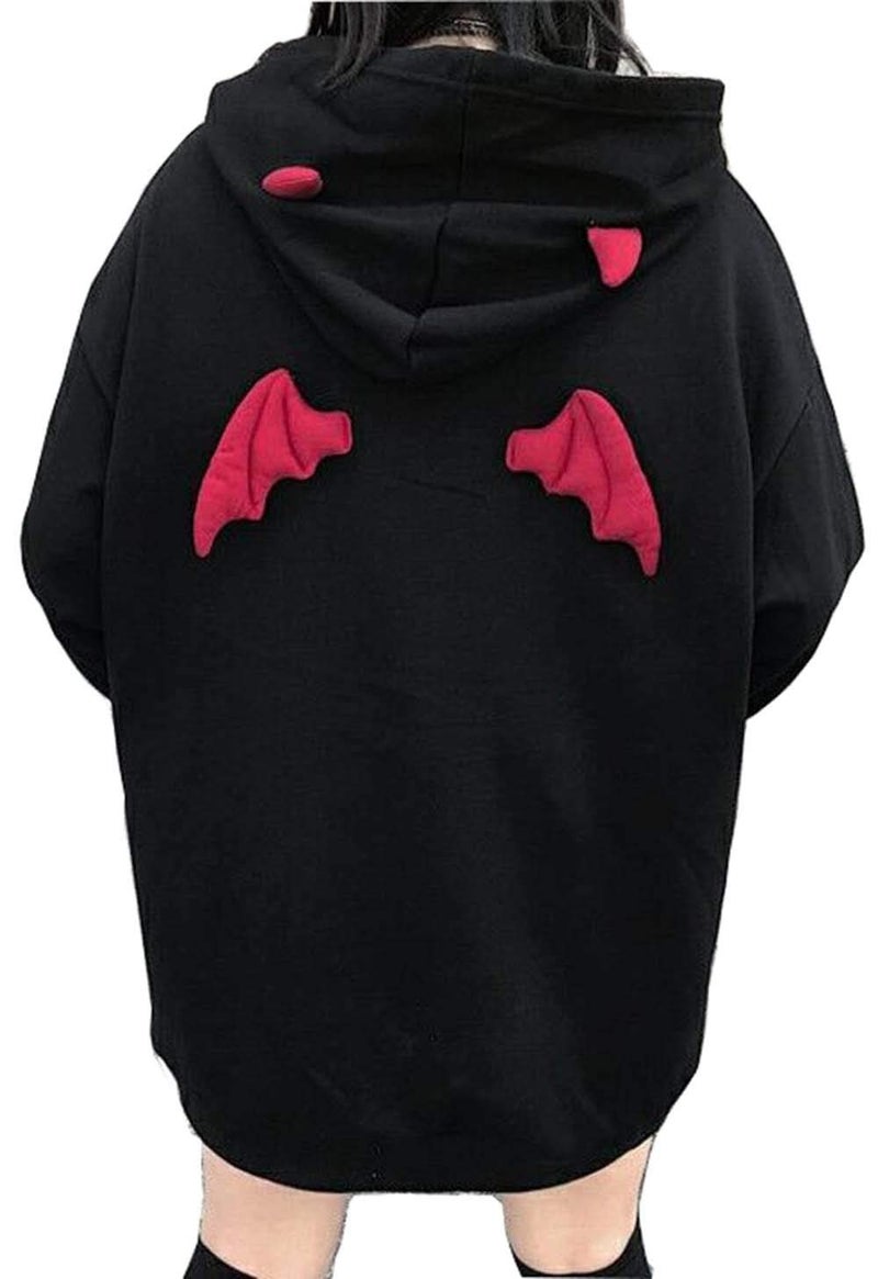 kydely Womens Devil Wings Red Horn Sweatshirt Long Sleeve Hoodie Pullover Hooded Tops, Black, Small - Image 1