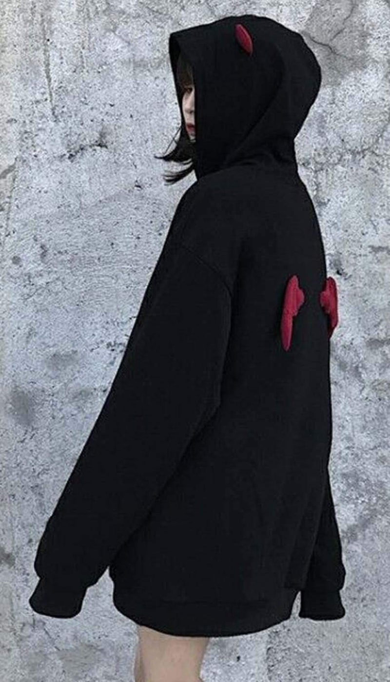 kydely Womens Devil Wings Red Horn Sweatshirt Long Sleeve Hoodie Pullover Hooded Tops, Black, Small - Image 3