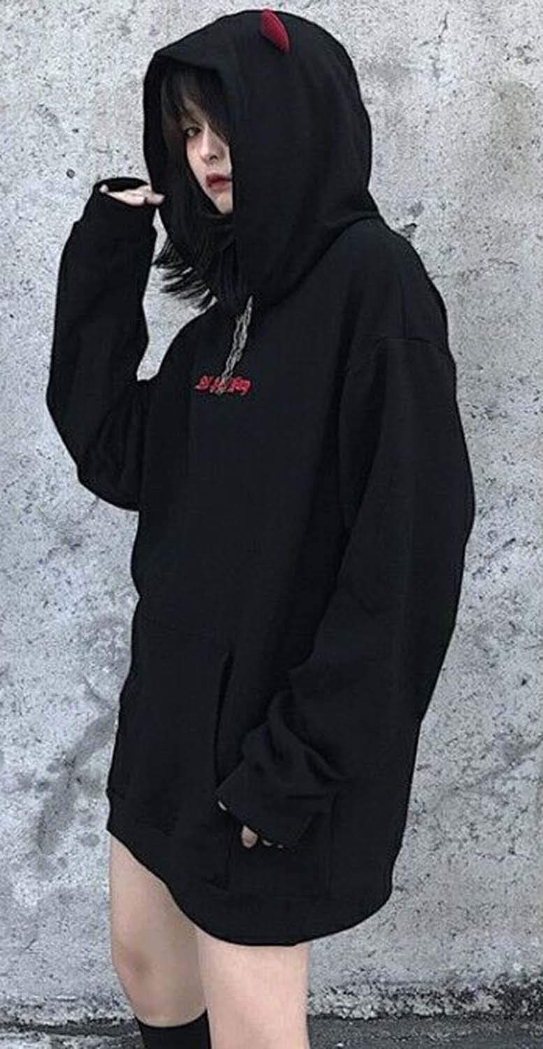 kydely Womens Devil Wings Red Horn Sweatshirt Long Sleeve Hoodie Pullover Hooded Tops, Black, Small - Image 2