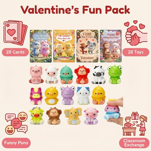 AUUGUU 28 Valentines Day Cards with Cute Animal Squishy Toys Classroom Exchange Valentines for Kids Pun Cards Stress Relief SlowRising Squishies School Party Gift Set - Image 5