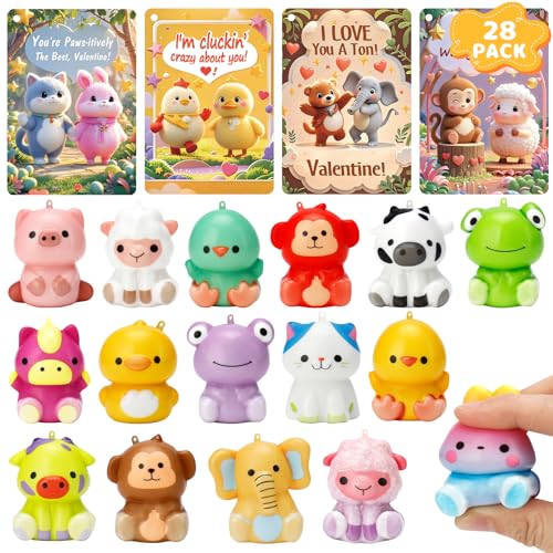 AUUGUU 28 Valentines Day Cards with Cute Animal Squishy Toys Classroom Exchange Valentines for Kids Pun Cards Stress Relief SlowRising Squishies School Party Gift Set - Image 1