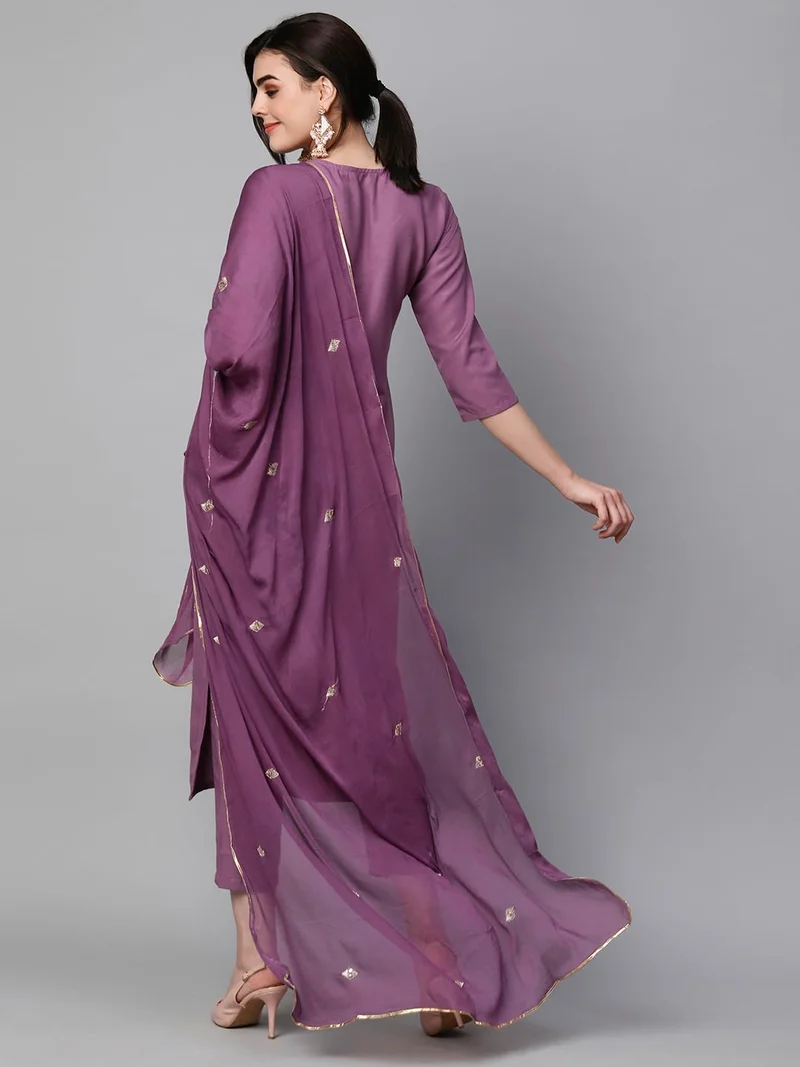 GoSriKi Women's Cotton Blend Embroidered Straight Kurta with Pant & Dupatta Purple