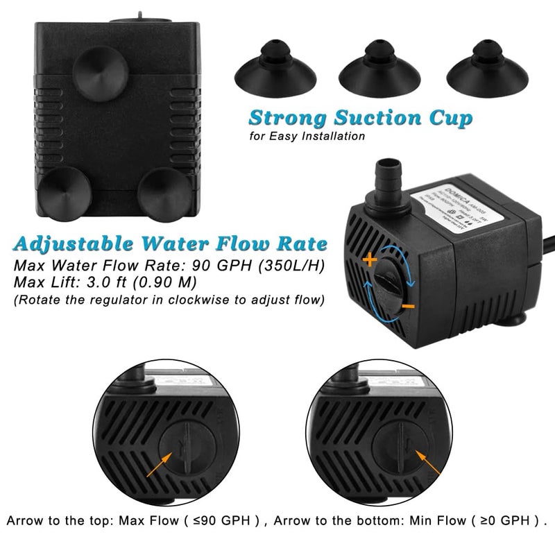 DOMICA 90 GPH Mini Submersible Pump, Small Fountain Pump (5W 350L/H) for water feature, Aquariums, Fish Tank, Tabletop Fountain, Pet Fountain, Indoor or Outdoor Pond Fountain - Image 5