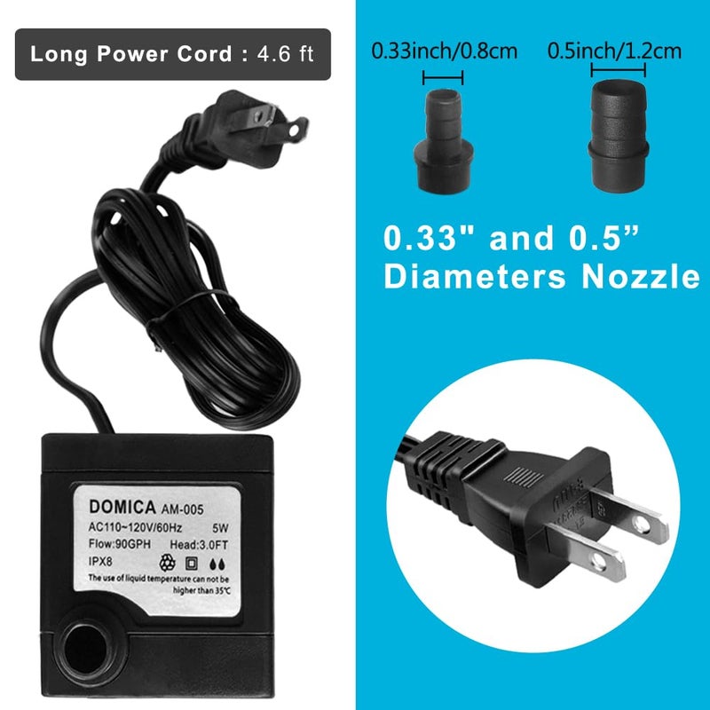 DOMICA 90 GPH Mini Submersible Pump, Small Fountain Pump (5W 350L/H) for water feature, Aquariums, Fish Tank, Tabletop Fountain, Pet Fountain, Indoor or Outdoor Pond Fountain - Image 4