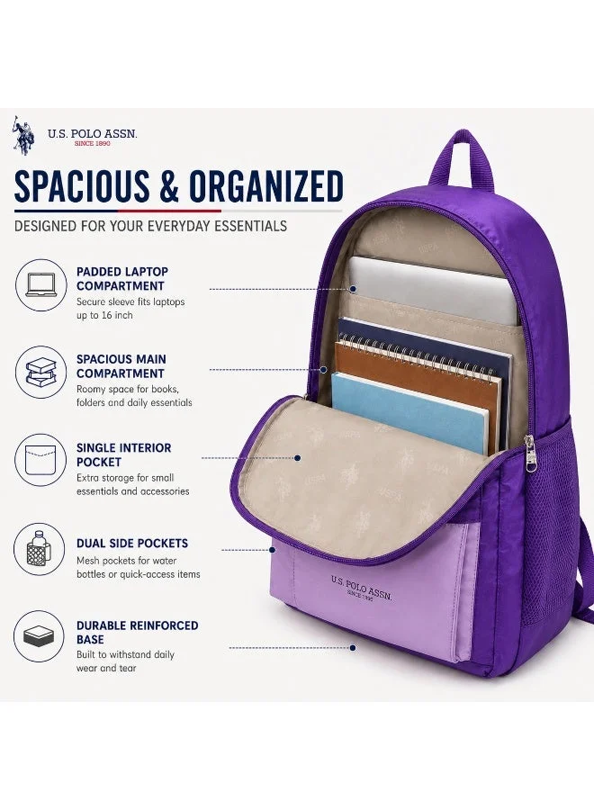 U.S. Polo Assn. U.S. Polo Assn. Classic Purple Lilac Contrast Flap Backpack for School and Office MultiCompartment Bag for Campus