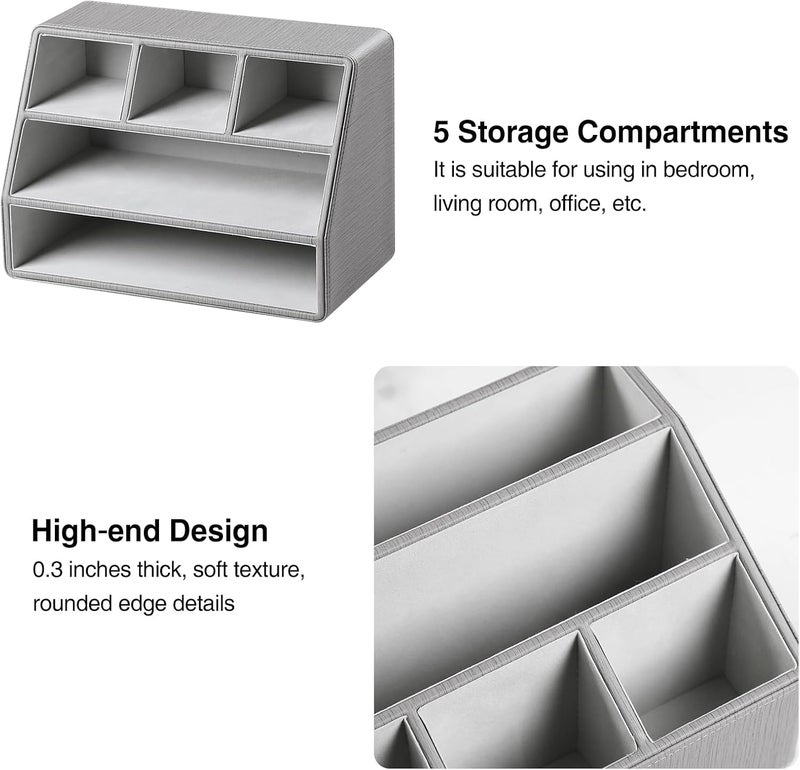 MEIBOOCH PU Leather Desk Organizer, Luxury Remote Control Holder for Home, Office Desk Accessories Table Caddy Bedside Nightstand Organizer (Grey) - Image 5