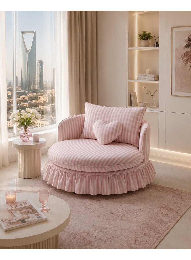 الندى للأثاث كرسي مودرن دائري مقلم وردي , قماش كتان , خشب سويدي - Image 3
