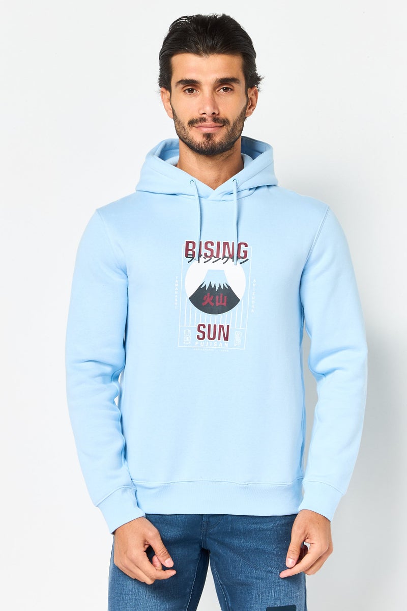 Celio Men Long Sleeve Graphic Print Hoodie, Light Blue - Image 1