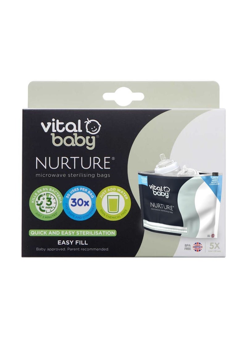 Vital Baby - Microwave Sterilising Bags - Reusable Sterilising Bags - Lightweight & Compact - Space Saving - No Chemicals - Sterilise Baby Bottles, Teats, Soothers & Accessories - 150 uses - 5pk - Image 1