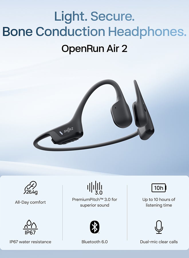 Shokz OpenRun Air 2 Mini Open-Ear Bone Conduction Headphones, Lightweight, Secure Fit, Dual Wind-Resistant Mics, IP67, Bluetooth 6.0, 10H; Running and Cycling black - Image 1