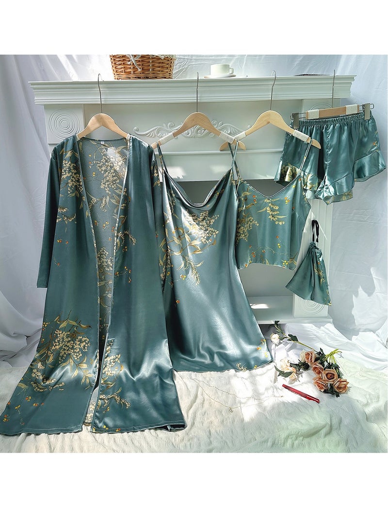 Loquat Women's Imitation Silk Printed 5-Piece Set Nightgown Sleepwear Set Soft Loungewear Pajamas Suit Dark Green Mix 