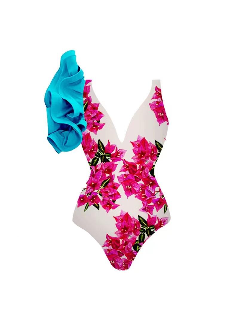 Y&D 2-Piece Women Single Shoulder Lotus Leaf Edge Printed Swimsuit With Skirt Holiday Beach Dress Female Retro Swimwear Vintage Surf Wear Summer  - Image 2