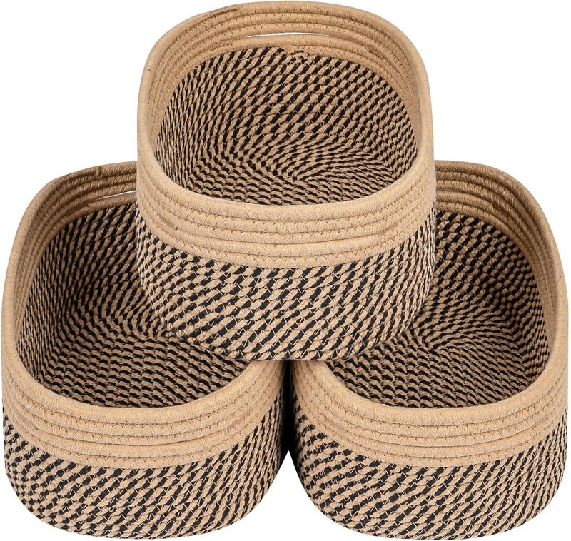 CubesLand Small Baskets, Storage Baskets for Organizing Shelves, Rectangular Woven Storage Baskets Natural Cotton Rope Toy Storage Bins Closet Baby Baskets Empty Gifts Baskets Camel/Mixed Black - Image 1
