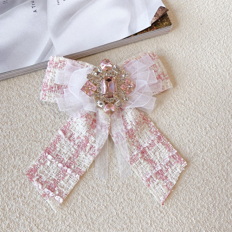 Fashion Bow Tie Brooch Rhinestone Coat Accessory Pink