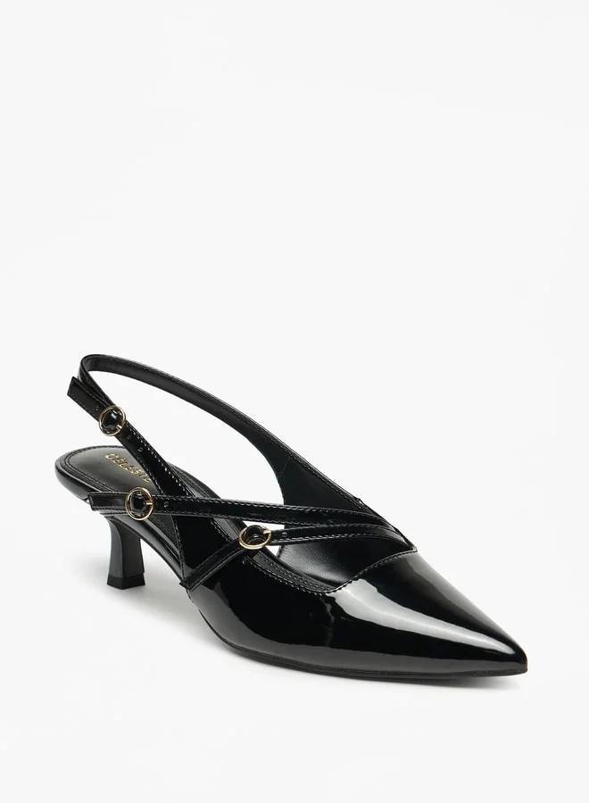 سيليست Women's Solid Slingback Shoes with Kitten Heels and Buckle Closure