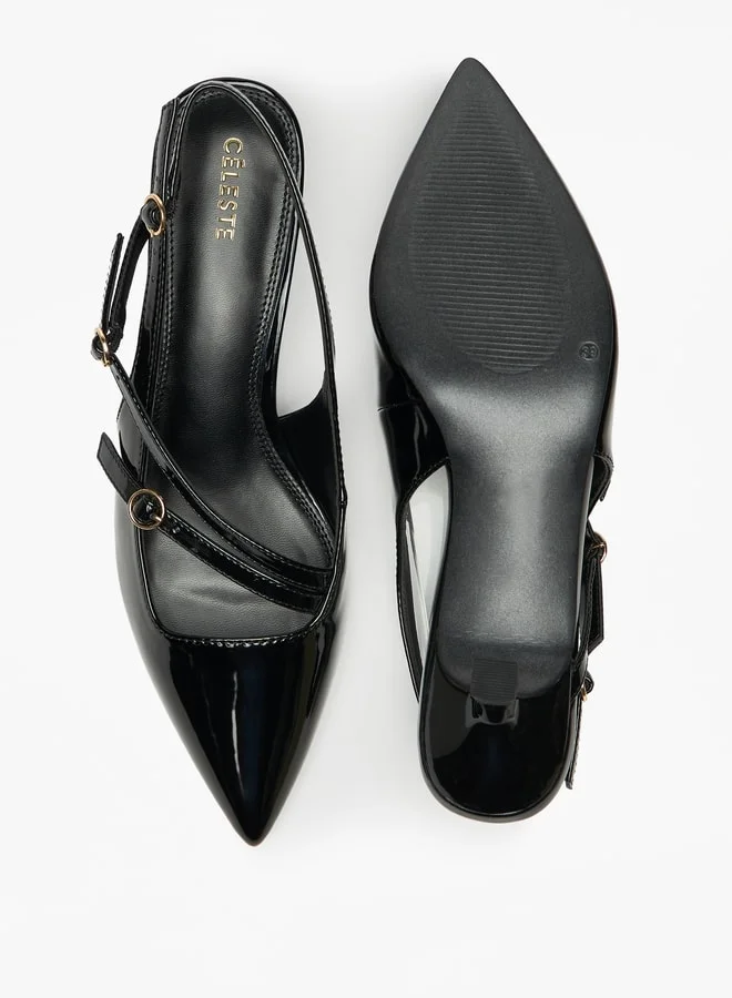 سيليست Women's Solid Slingback Shoes with Kitten Heels and Buckle Closure