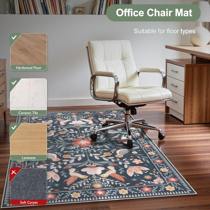 Anidaroel 48"x60" Office Chair Mat for Hardwood Floor/Tile, Black Floor Mat for Office Chairs, Anti-Slip Floral Under Desk Rug for Rolling Chairs, Bird Bug Low Pile Desk Chair Mats for Hardwood - Image 5