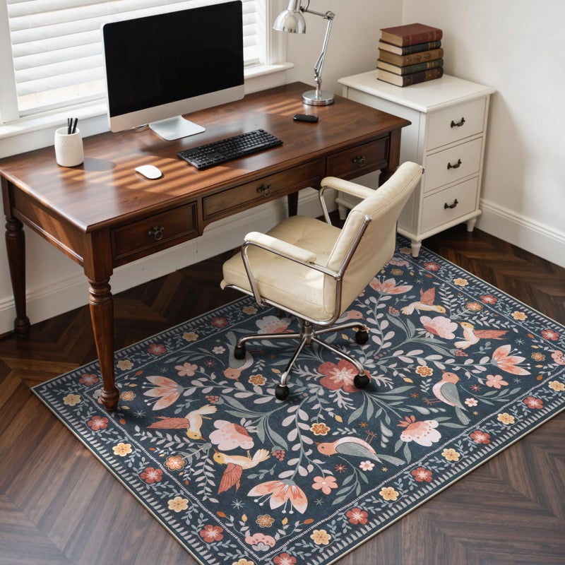 Anidaroel 48"x60" Office Chair Mat for Hardwood Floor/Tile, Black Floor Mat for Office Chairs, Anti-Slip Floral Under Desk Rug for Rolling Chairs, Bird Bug Low Pile Desk Chair Mats for Hardwood - Image 1