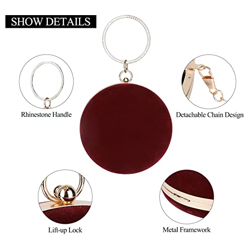 Selighting Round Velvet Clutch Purses for Women Evening Bags Formal Wedding Purse Prom Cocktail Party Clutch Hand Bag Burgundy - Image 5