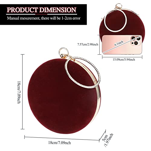 Selighting Round Velvet Clutch Purses for Women Evening Bags Formal Wedding Purse Prom Cocktail Party Clutch Hand Bag Burgundy - Image 3