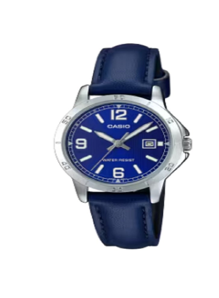 ساعة كاسيو النسائية التناظرية الجلدية LTP-V004L-2BUDF (CN) | ميناء أزرق أنيق مع هيكل فضي اللون وعرض للتاريخ