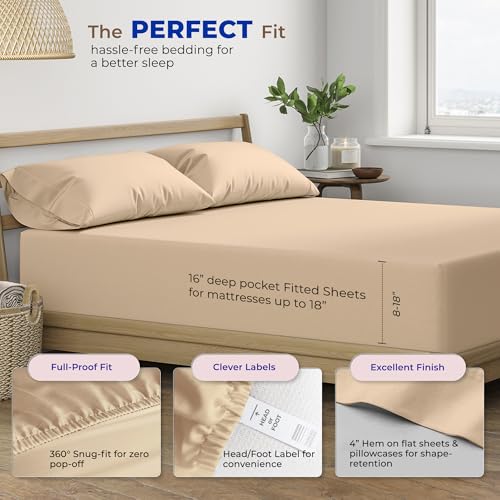 THREAD SPREAD Egyptian Cotton Sheets King Size - 600 Series Bliss Collection Sheets King Luxury Sheet King Size (4 PC, Taupe), 16" Deep Pocket, Soft, Cooling Sateen Hotel Bed Sheet Sets - Image 4