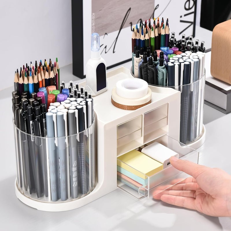 KASTWAVE Rotating Desk Organizer with 2 Pen Holder, Desk Organizers and Accessories with 10 Slots Pencil Holder for Desk + 3 Drawer, Art Supply Storage Box Caddy for Office School Home (White) - Image 4
