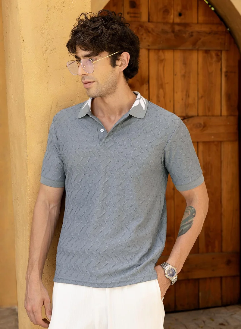 CAHOOT Men's Grey Self Design T-Shirt For Casual Wear | Polo Collar | Short Sleeve | Button Closure | Cotton Blend T-Shirt Crafted With Comfort Fit For Everyday Wear