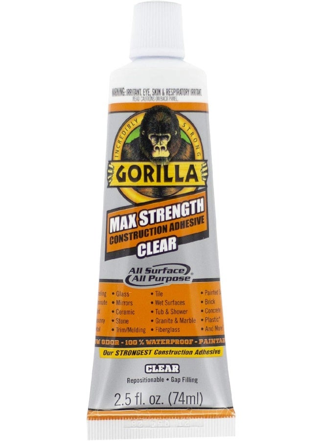 Gorilla Max Strength Clear Construction Adhesive, 2.5 Ounce Squeeze Tube, Clear - Image 2