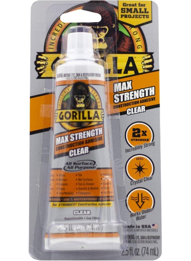Gorilla Max Strength Clear Construction Adhesive, 2.5 Ounce Squeeze Tube, Clear - Image 1