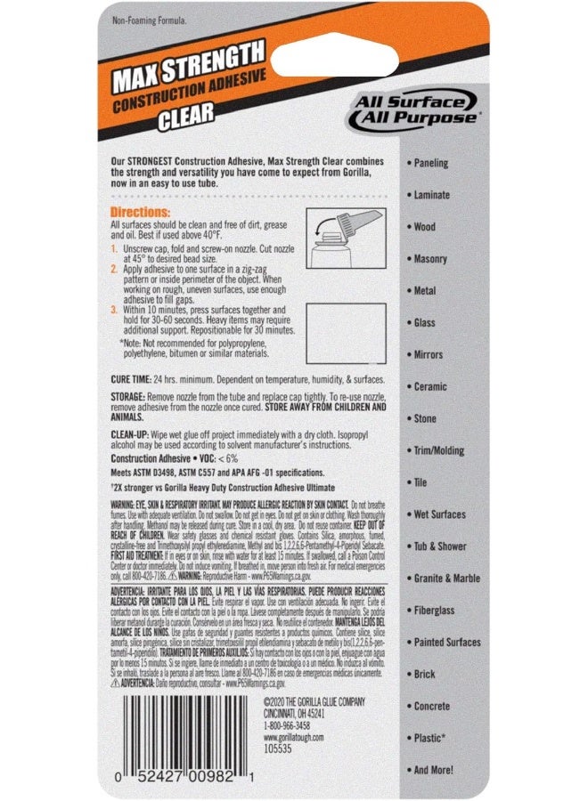 Gorilla Max Strength Clear Construction Adhesive, 2.5 Ounce Squeeze Tube, Clear - Image 3