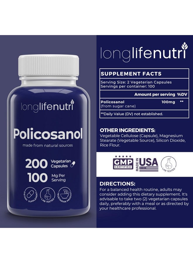 LongLifeNutri Policosanol 100mg - 200 Vegetarian Capsules, Natural Sugar Cane Supplement for Balanced Cholesterol, 3-Month Supply, Non-GMO, Lab Tested, Made in USA - Image 2